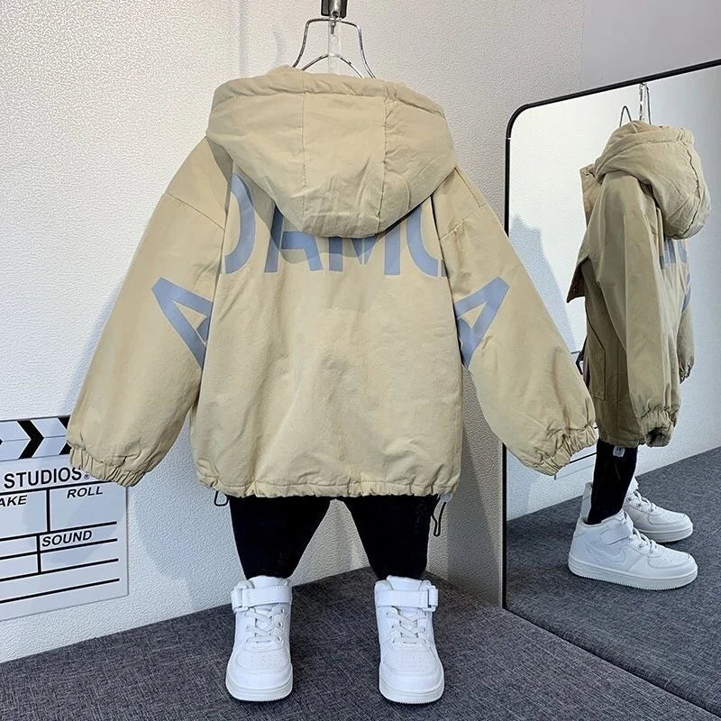 Boys Coat Jacket Outwear Tops Cotton Cool Thicken Plus Velvet Winter Autumn School Gift Overcoat Children's Clothes