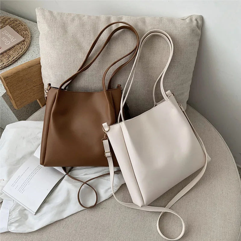 Simple Women Bucket Shoulder Bags New Solid Color Handbags Retro Large Capacity Tote Bags Large Capacity Pu Leather Bags