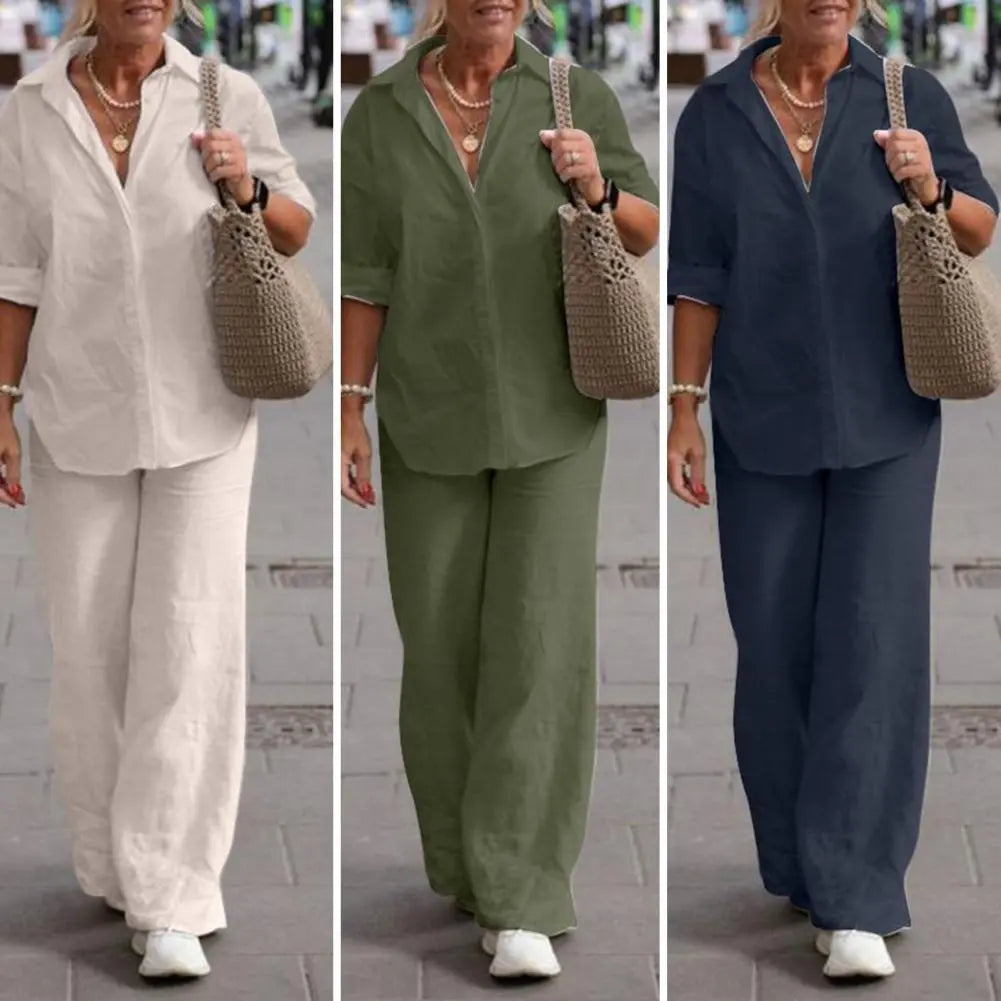 Women  Linen Lapel Shirt Two Pieces Set Vintage Solid Long Sleeve Button Blouse and Loose Straight Pants Casual Suits