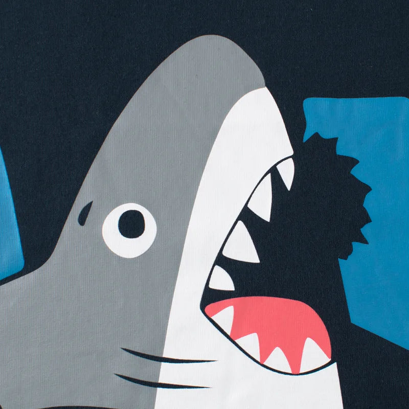 Cartoon T Shirt for Kids Boy 10 Years Cotton Teenage Navy Blue Shark Print Tops Children Clothing 8 To 16 Years