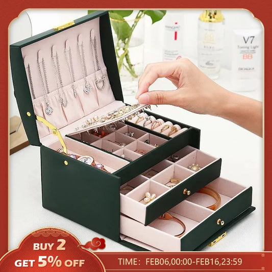 Multi Functional Three Layer Leather Drawer Style Jewelry Box Earrings Earrings Lock Jewelry Box