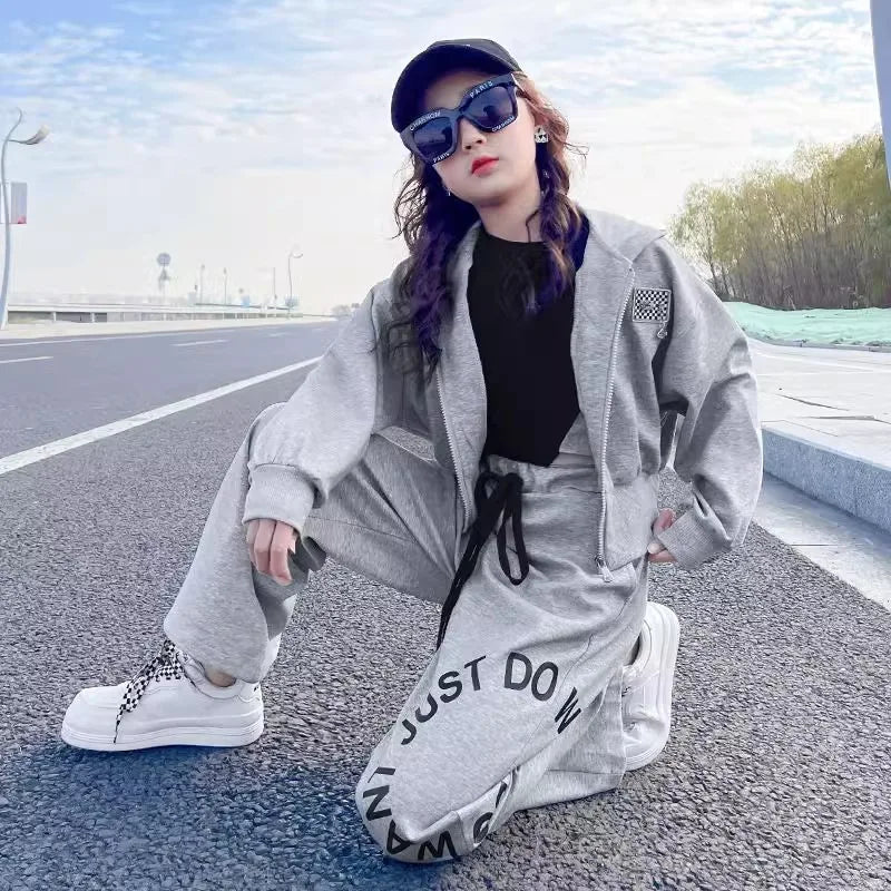 autumn winter Girls Teenager tracksuit sport narrow waist zipper Jacket hooded + letters pants child set 4 7 10 5 9 12 year