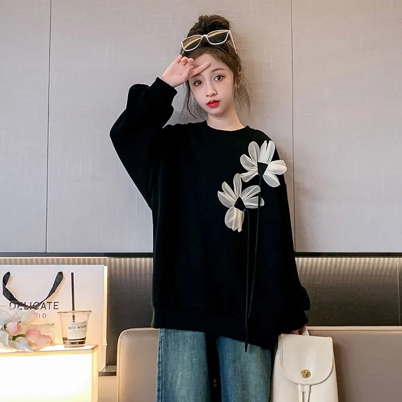 Teen Girls Black Sweatshirt Long Sleeve Tops with Flower Spring Autumn Children Clothes Casual Sweatshirt