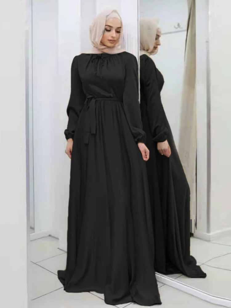 Elegant Satin Maxi Dress for Women Muslim Abaya Lace-up Long Sleeve Ramadan Long Dress Robe Arab Ankle-Length