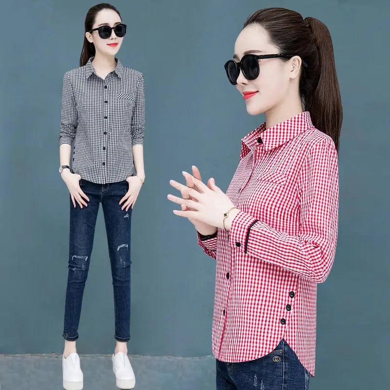 Shirts Women's Blouses Tops Long Sleeve Female Stripe Casual Print Shirts Slim Checked Lady Outwear