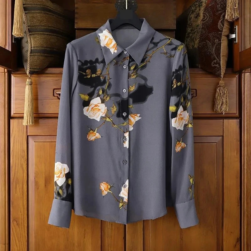 Women Spring Summer Satin blouses Blouses Shirt Lady Casual Long Sleeve Turn-down Collar Print Slim Tops