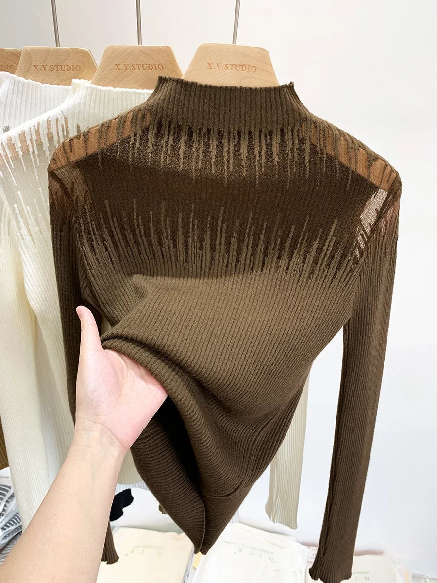 Soft and Comfortable Women's Knit Pullover with Half-high Collar for Winter, Perspective and Elastic Knitwear Top