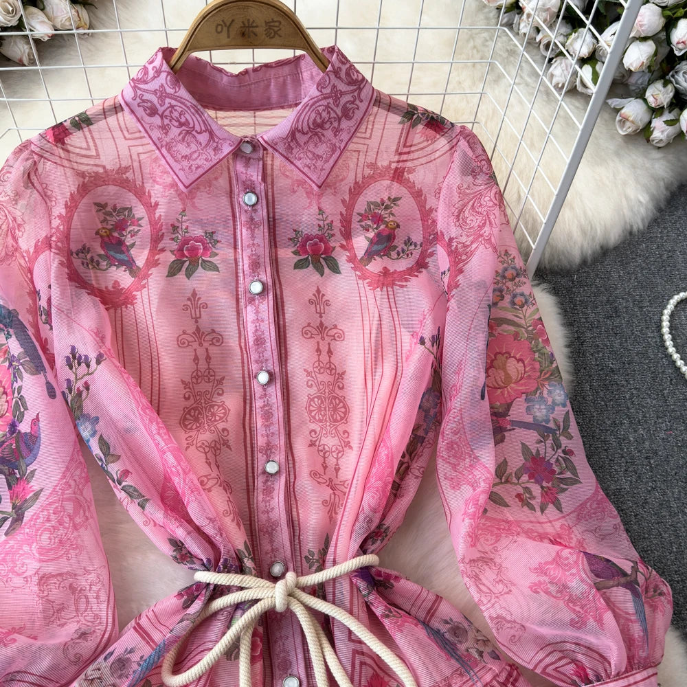 Palace Style Printed Shirt Dress Lantern Long Sleeve Lapel Single Breasted Perspective Long Dress With Lining