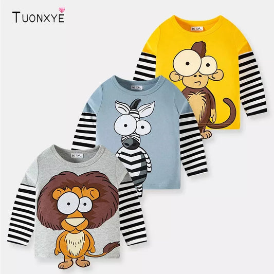 Boys Children's T-shirts Cartoon Cute Animal Pattern Stripe Shirts Casual Crew Neck for Long Sleeve Top Clothes kids girls boys toddlers