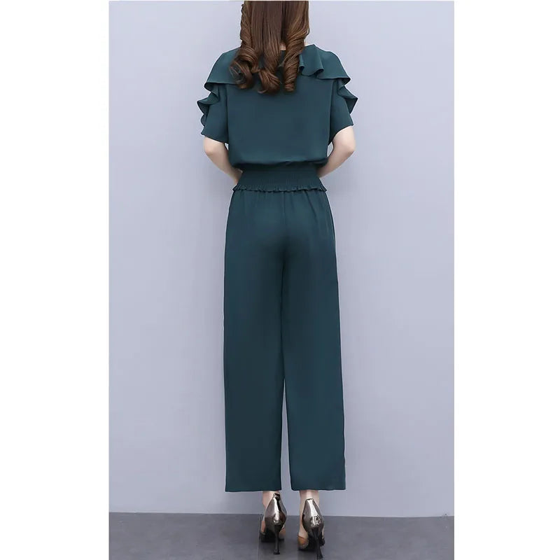 Women 2pcs/set  Plus Size Ruffle Suits Round Neck Waist-in Blouse Elastic Waist Wide Leg Trousers Two Piece Set