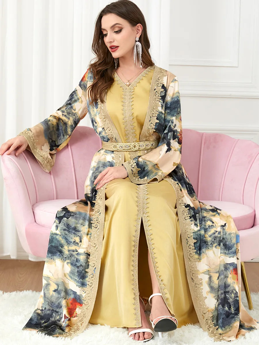 Moroccan Caftan Woman Jalabiya Abaya Muslim Dubai Ladies Luxury Belt Embroidery Kaftans 2 Piece Suit Islamic Long Dresses