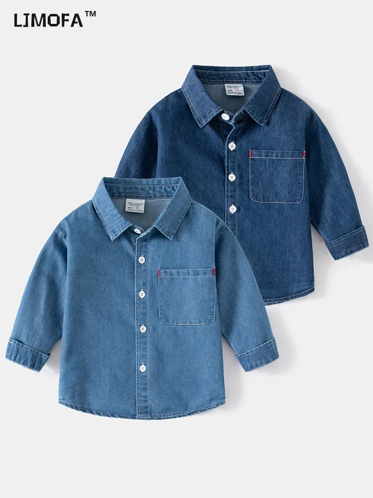 Kids Boys Denim Shirts Toddler Solid Color Blue Casual Long Sleeve Pocket Cowboy Tops Children Fashion Outfits