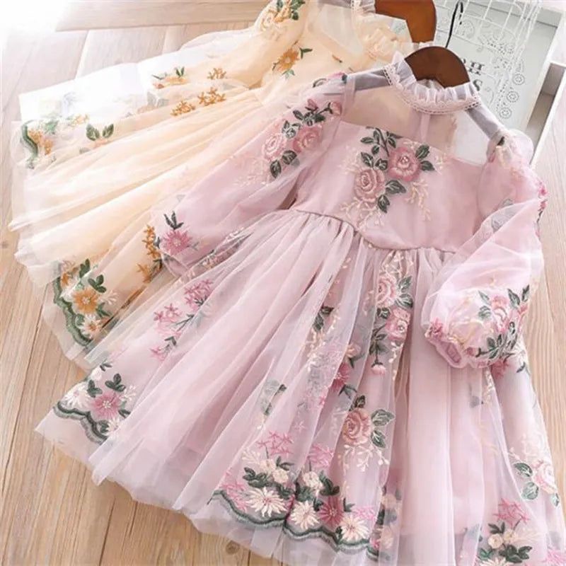 Elegant Flower Girls Dress Wedding Party Princess Dress Casual Kids Clothes Lace Long Sleeves Dress Children's Vestidos For 3-8T kids girls  toddlers