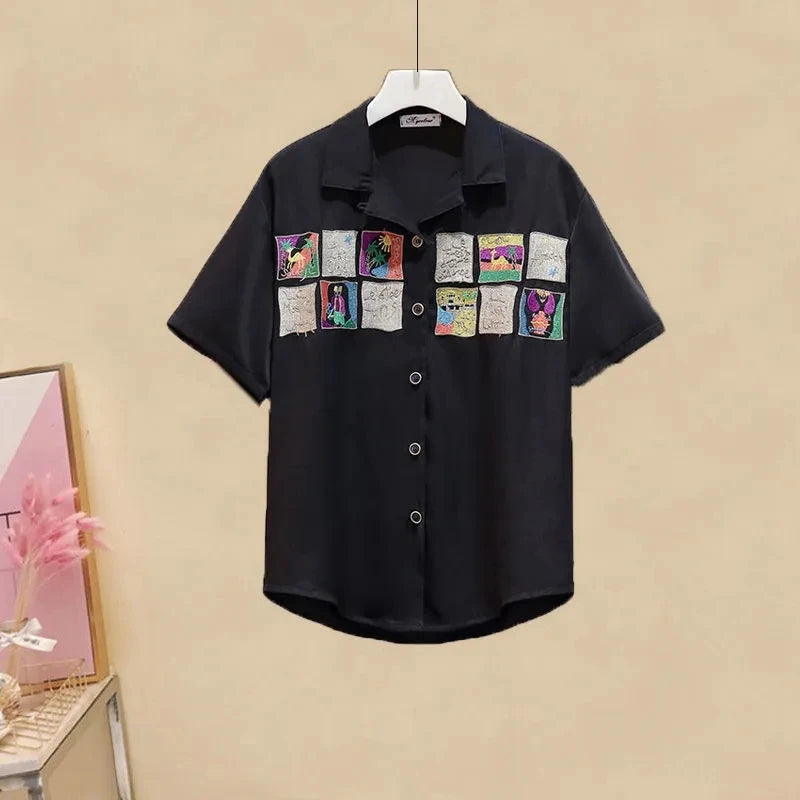 Style Elegant Women's Pants Set Loose Casual Chiffon Shirt Pierced Jeans Two-piece Set Outfits