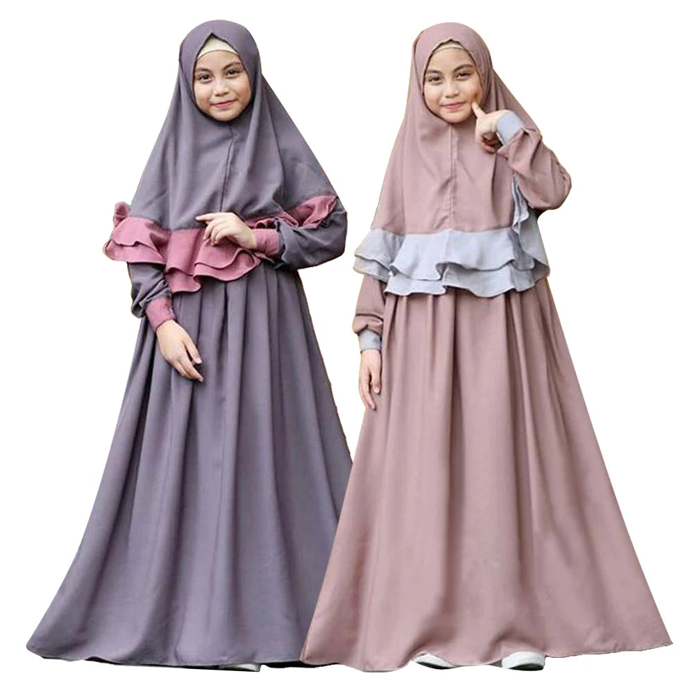 2PCS Kids Girls Abaya Muslim Prayer Garment Hijab Maxi Dress Set Robes Islamic Children Dresses Kafan Robe Arab Ramadan Clothes