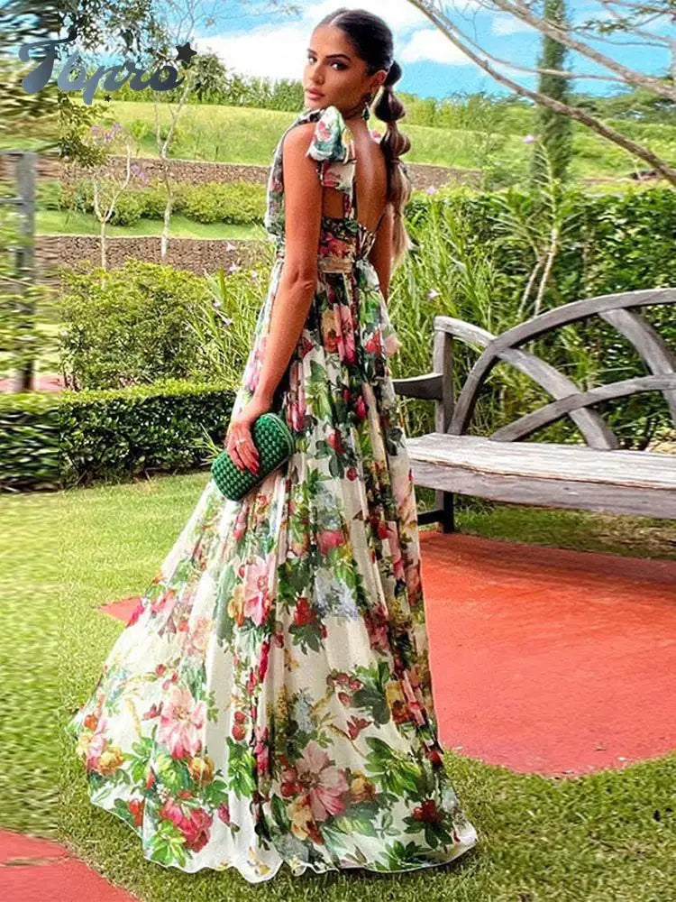 Sleeveless Party Dresses Autumn Female Chic Club Evening Vestidos Women Elegant Backless Flower Print Maxi Dress Square Neck