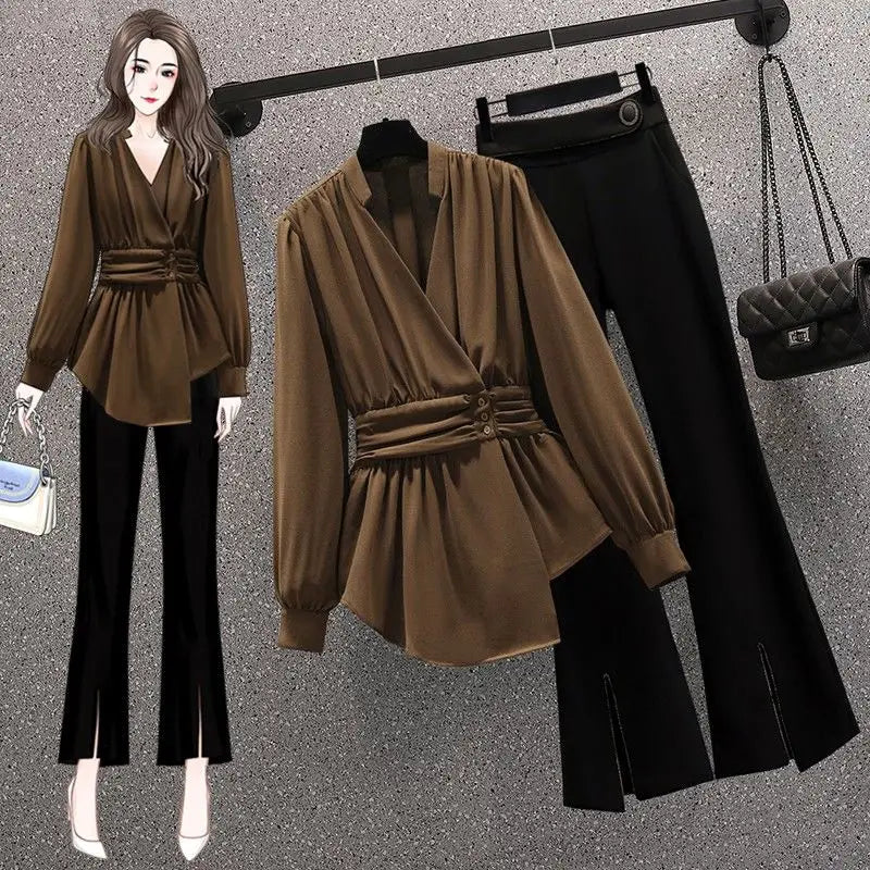 Summer New Elegant Women's Pants Set Fashion Velvet Chiffon Top Wide Leg Trousers Two-piece Set Female Tracksuit Blazer