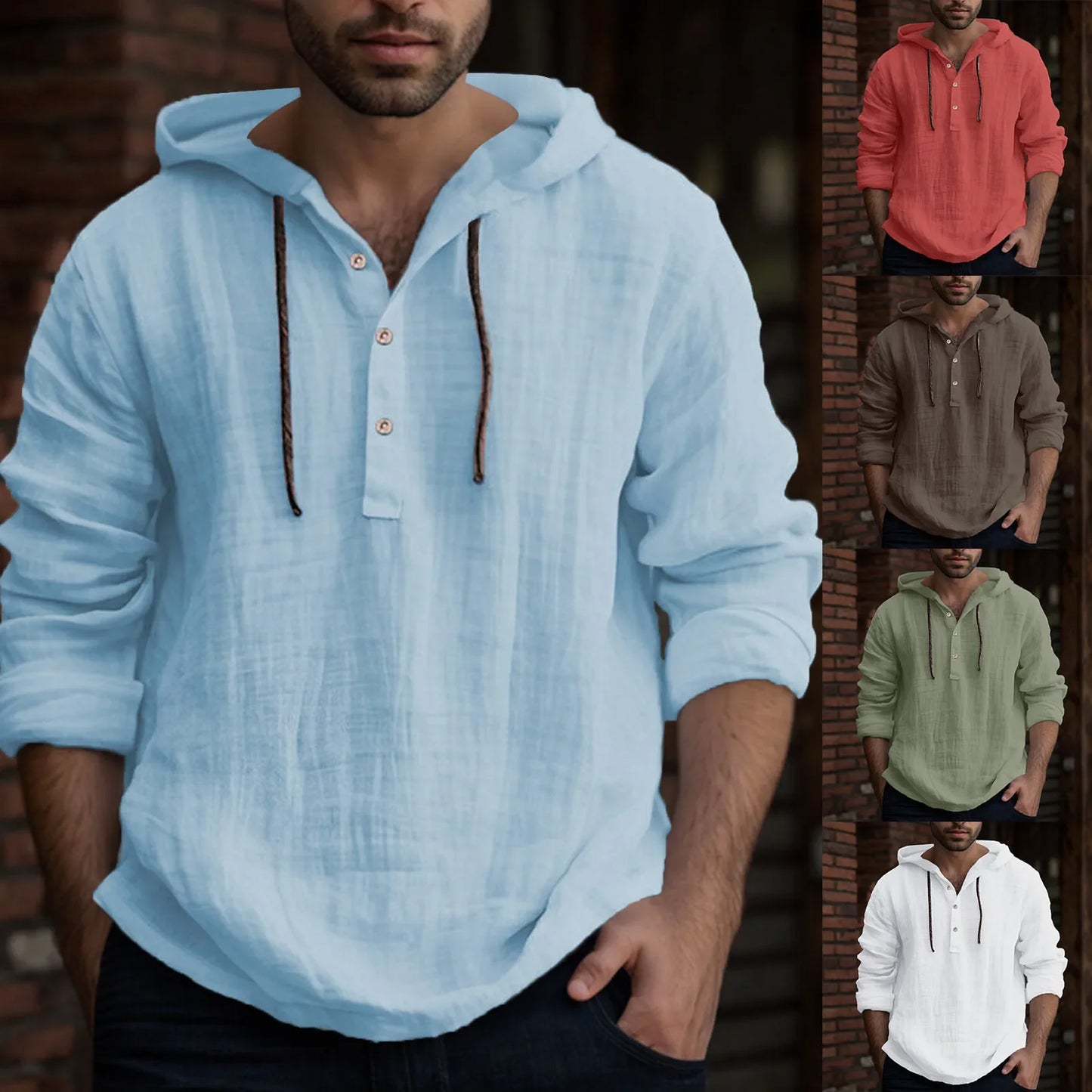 Cotton Linen Long Sleeves Hooded Shirts Autumn Tops Casual Quarter Buttons Vintage Beach Solid Shirts Camisa Masculina Blusas