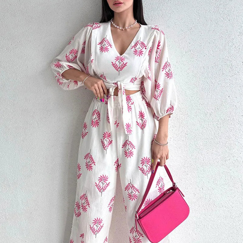 Summer Fashion Print Two Piece Set Women Causal Lace Up Puff Sleeve Top Wide Leg Pants Two Piece Set Women
