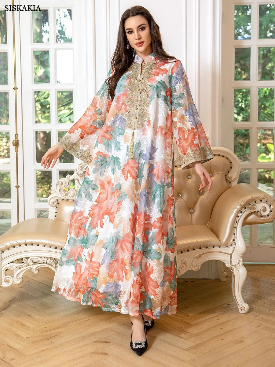 Dubai Arab Fashion Printing Elegant Party Dresses Islamic Clothing Muslim Saudi Moroccan Women Kaftan Eid Robe