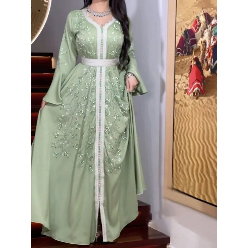 Kaftan Robe Gown Islamic Clothing Maxi Party Abaya Muslim Dress Long Sleeve High Waist Ramadan Caftan