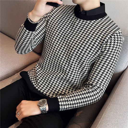 Men Winter Thermal Knitting Sweater/Male Slim Fit High Quality Shirt Collar Fake two Piece Pullover Sweatres