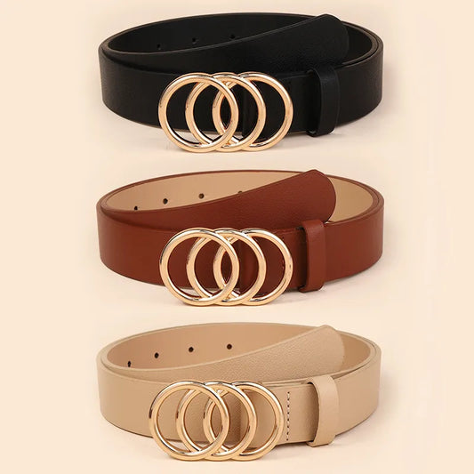 stylish women's belt with three ring alloy buckle decoration for women's trendy versatile belt