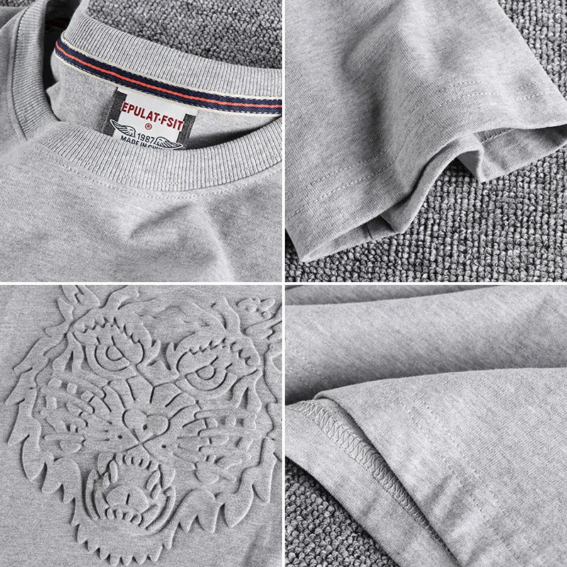 Summer New American Retro Embossed Tiger Pattern T-shirt Men's Fashion 100% Cotton Washed Old Short Sleeve O-neck Casual Tops