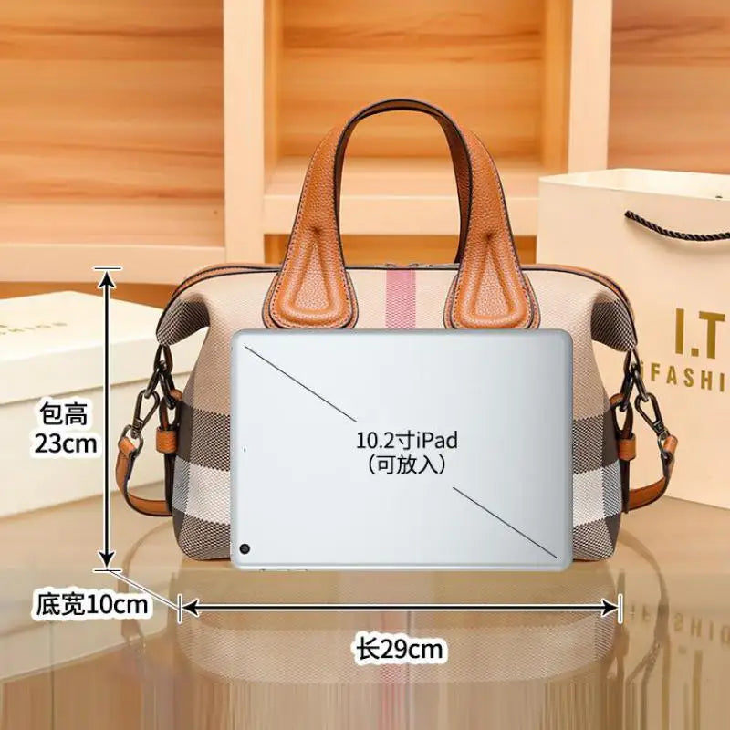 Boston Handbags Luxury Fashion Plaid Canvas Women Messenger Shoulder Bags Brand Designer Portable Crossbody Bag Purses
