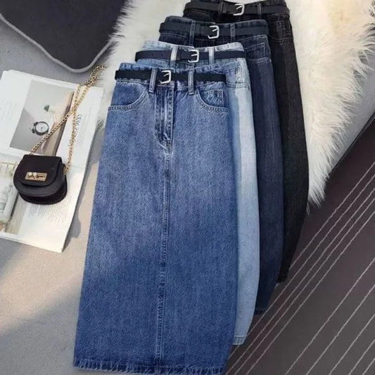 High Waisted Skirt Women's Summer Over The Knee Casual Skinny Denim Skirt Slit Mid-Length Skirt A Line Skirts