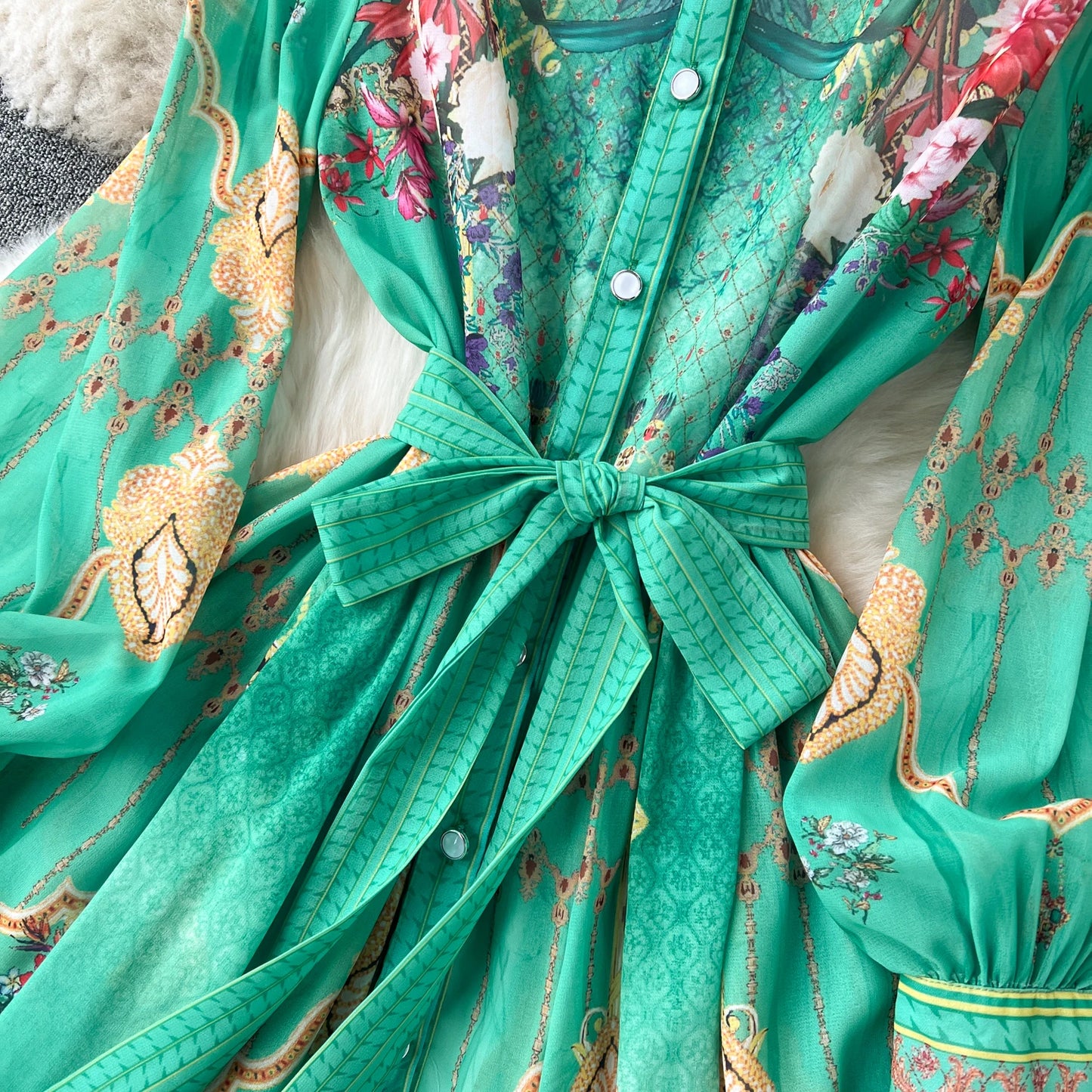 New Chiffon Floral Printed Shirt Dress Belted Long Holiday Dress  Formal Long Dresses Vestido