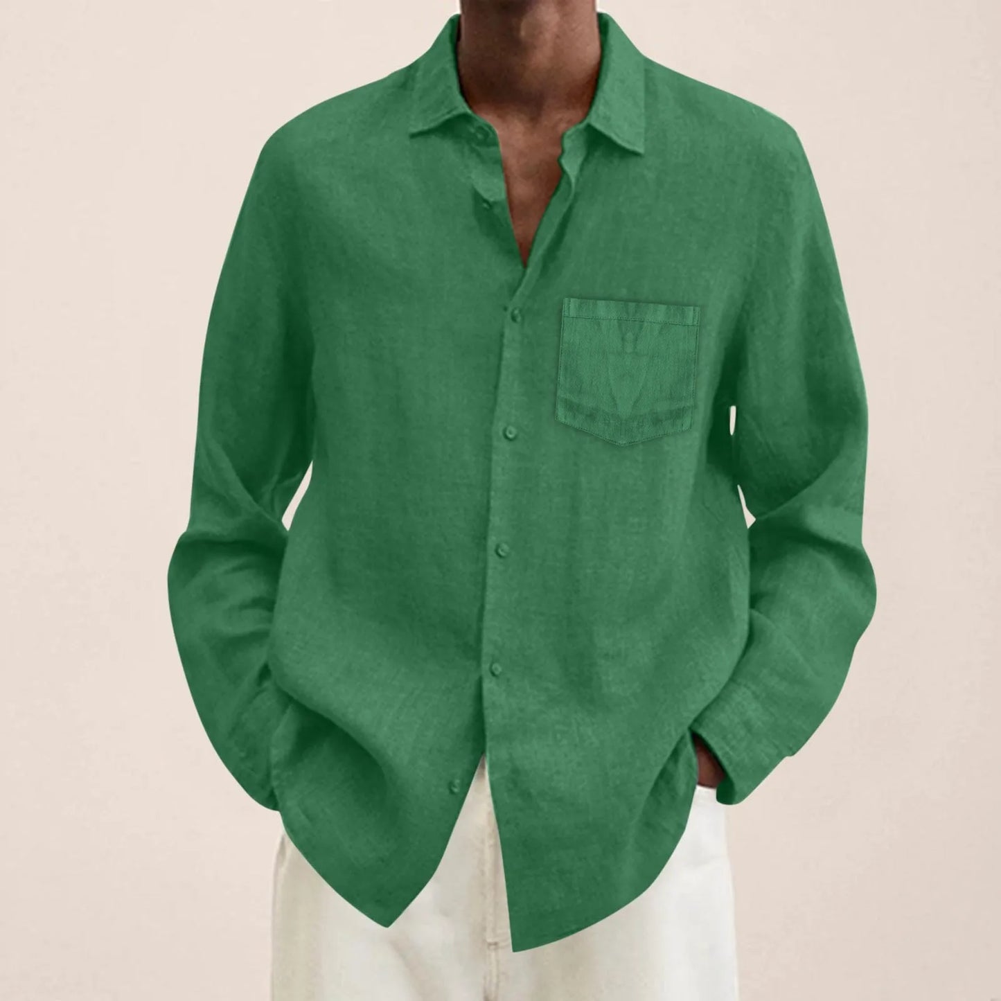 Men's Casual Cotton Linen Shirt Turn Down Collar Solid Long Sleeve Loose Top Spring and Autumn Handsome Fashion Shirts