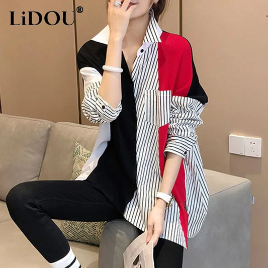 Patchwork Fashion Casual Blouse Women Long Sleeve Loose Stripe Contrast Color Lady Shirt Chic Female Tops