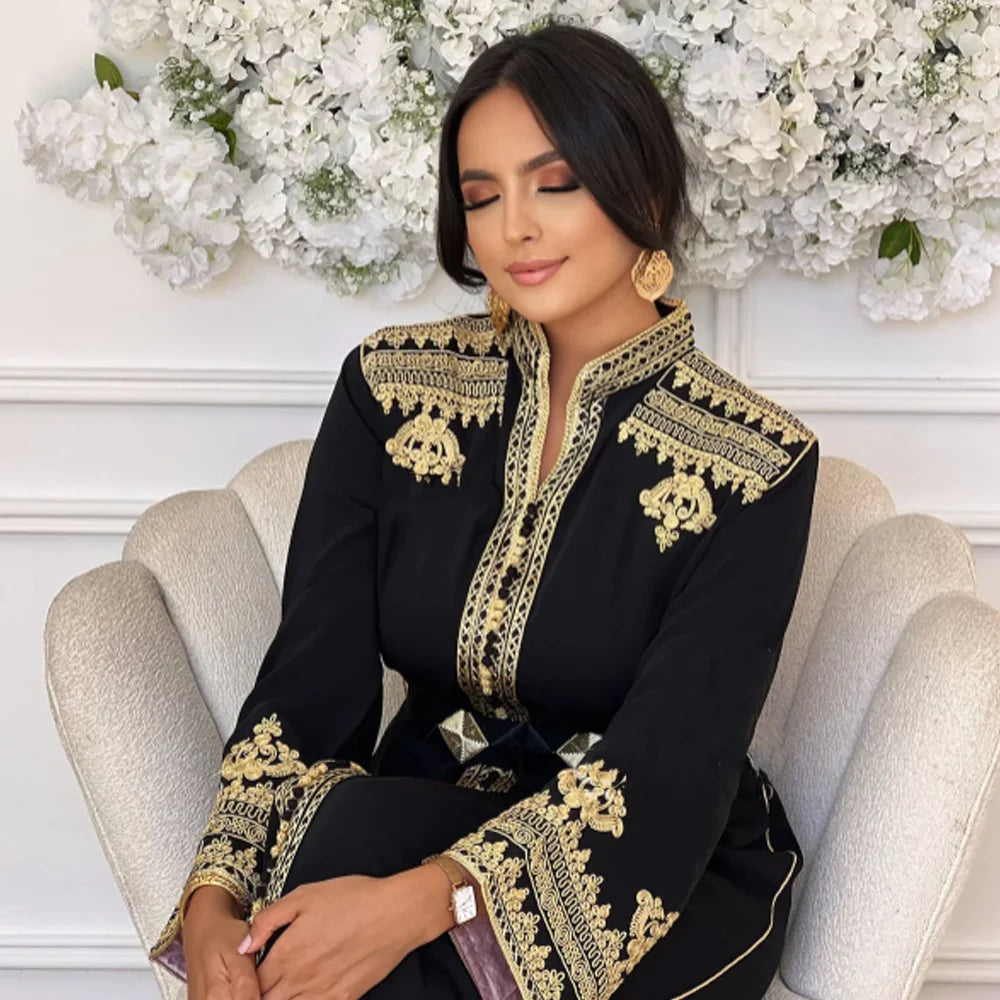 Caftan Women Gold Applique Beaded Stand Collar Abaya For Wedding Party Middle Kaftan Long Sleeves With Belt