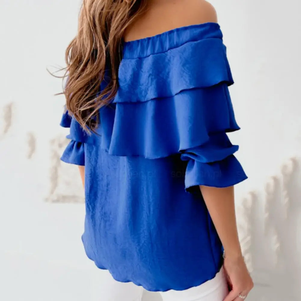 Collar Layered T-shirt Stitching Crafts Women Blouse Off Shoulder Lantern Long Sleeve Pullover Top Female Clothing