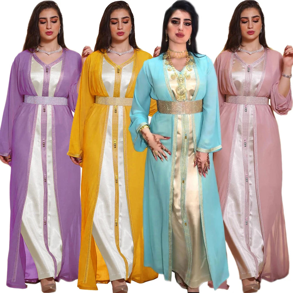 Muslim Open Abayas Sleeveless Dress 2 Piece Women Kaftan Chiffon Set Caftan Islamic Ramadan Vestidos Outfit
