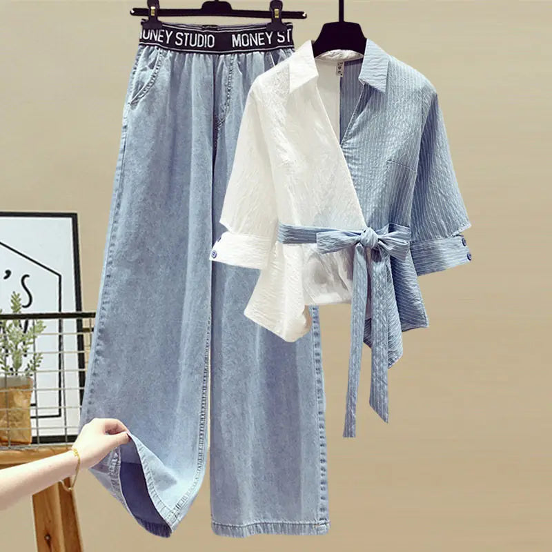 Stitched Chiffon Shirt Female Set Elegant Women's Jeans Casual Blouse Two Piece Set Ladies Tracksuits