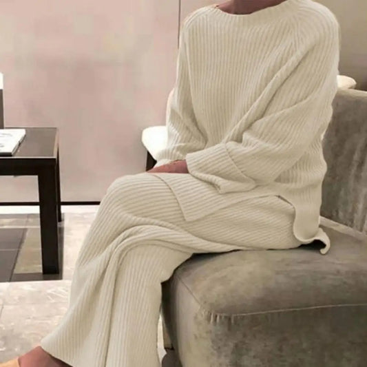 Autumn Winter 2 Pieces Women Outfit Sets Knitted Tracksuit Crew Neck Sweater and Wide Leg Jogging Pant Loose Pullover Home Suits