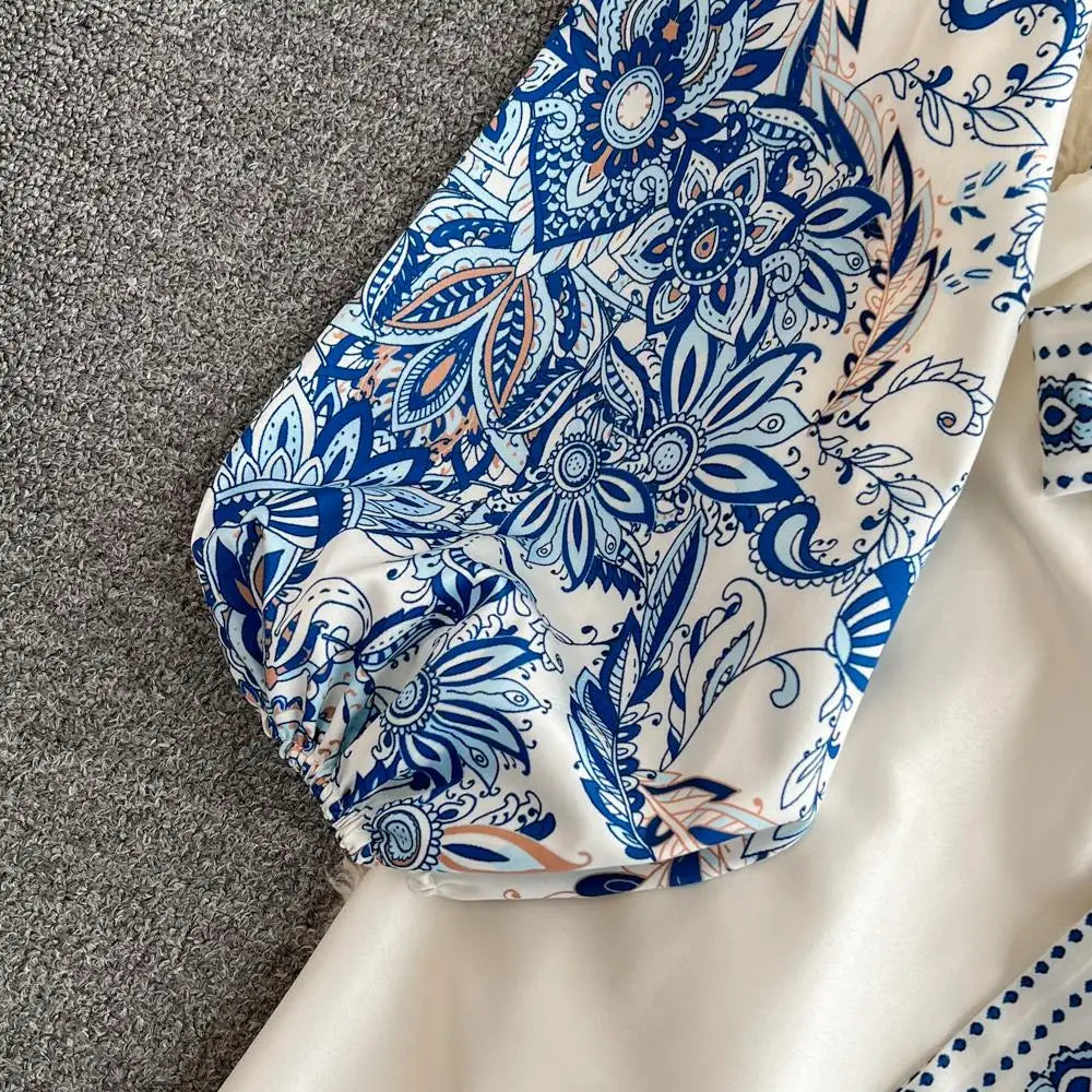 Autumn Runway Blue Flower Dress Women's V-Neck Long Puff Sleeve Single Breasted Floral Print Belt Boho Maxi Party Vestidos