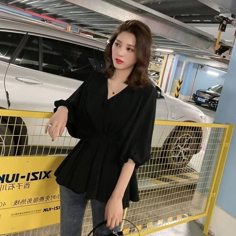 Tops for Women Loose Womens Shirt & Blouse Ruffle Clothes White with Sleeves Frill V Neck Pretty Elegant Chic Modern Long Youth