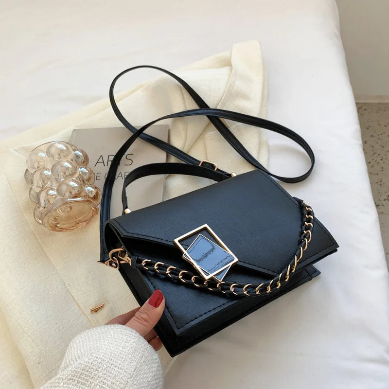 Women Square Shoulder Bag Chain Handle Small Handbags Solid Pu Leather Crossbody Bags Western Style Casual Messenger Bag