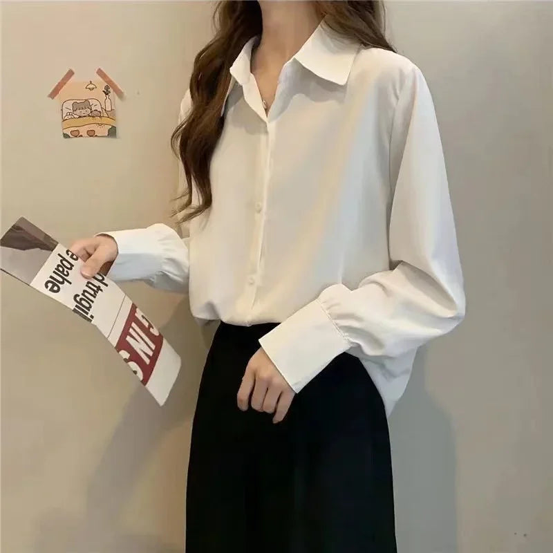 Casual Shirts Women Loose All-match Solid Candy Colors Single Breasted Tops Chic Turn-down Collar Long Sleeve Blouses Students