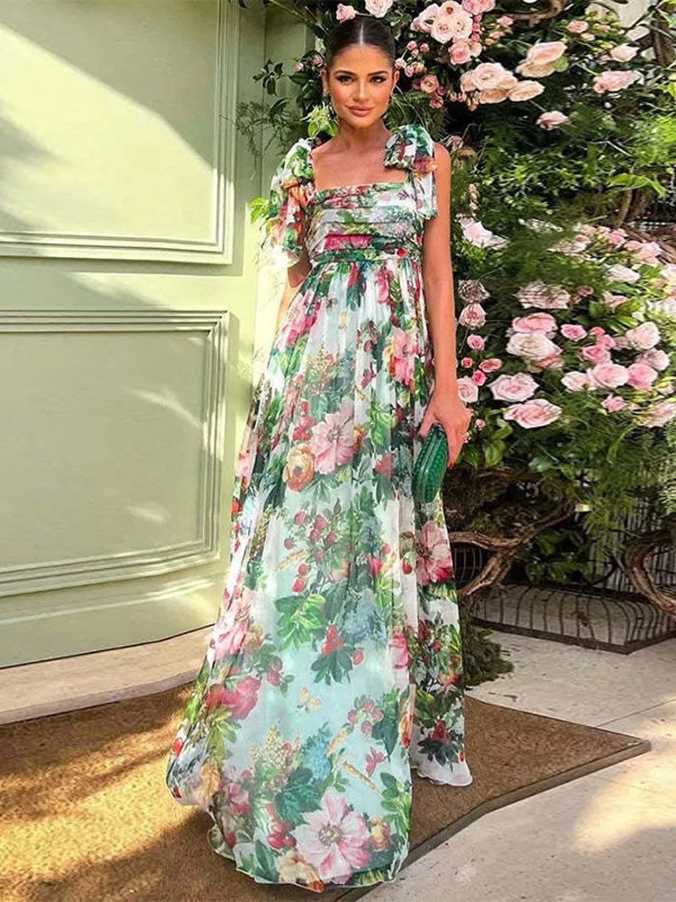 Sleeveless Party Dresses Autumn Female Chic Club Evening Vestidos Women Elegant Backless Flower Print Maxi Dress Square Neck
