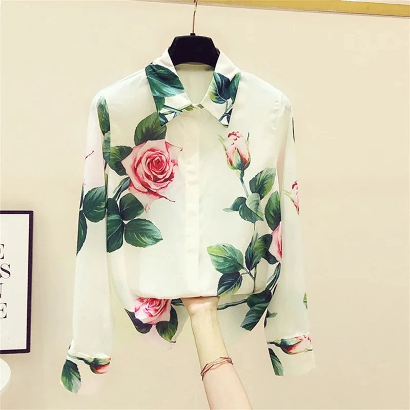 Women Spring Summer Satin blouses Blouses Shirt Lady Casual Long Sleeve Turn-down Collar Print Slim Tops