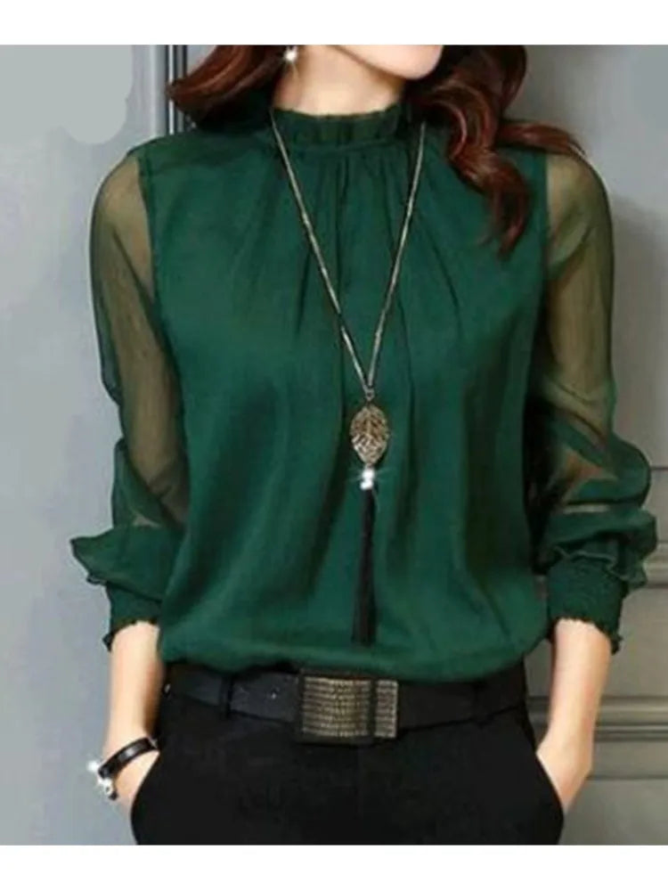 Lace Chiffon Shirt Women's Mesh Ruffled Long Sleeve Fashion Casual Top Shirts Elegant Whiter Green Tops Blouse