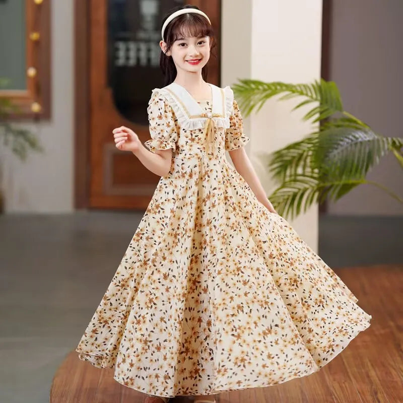 Girls Summer Elegant New Children Casual Princess Teenager floral pearl green dress