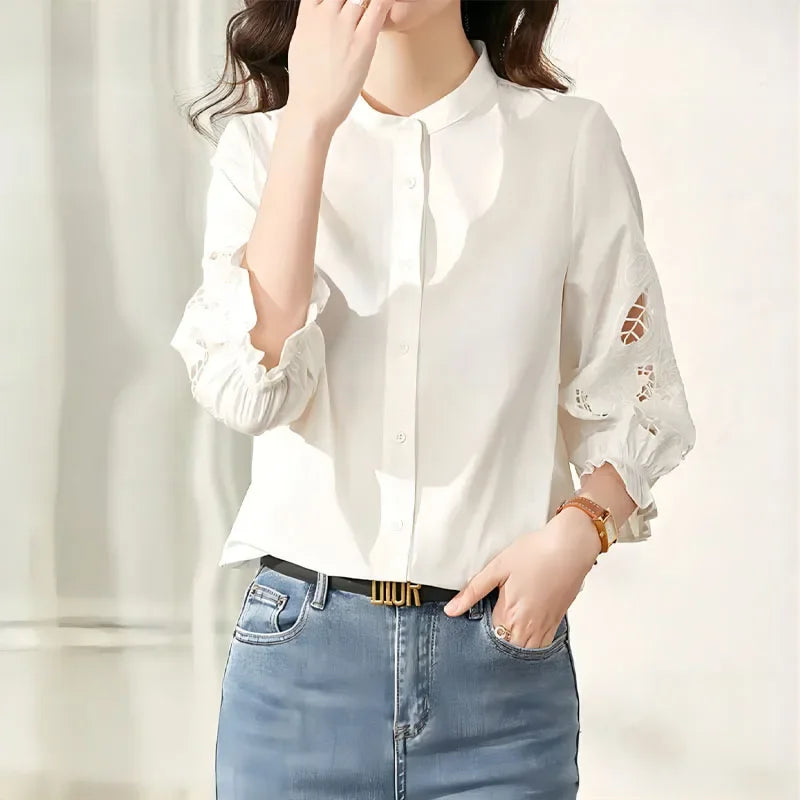 Elegant Fashion Hollow Out Embroidery Spliced Shirt Women's Clothing Spring Loose All-match Solid Button Blouse for Female