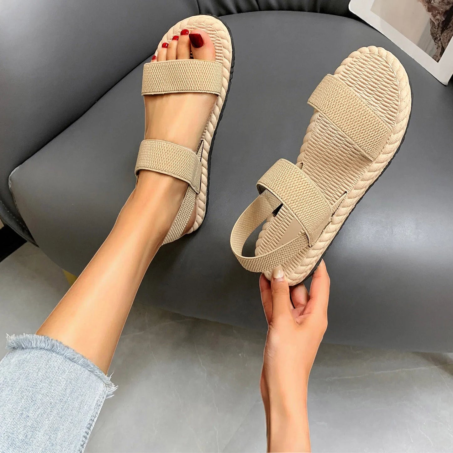 Summer Simple Sandals Solid Color Elastic Strap Open Toe Flat Bottom Outside Straw Linen Roman Shoes Plus Size Women's Sandals