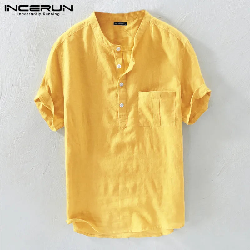 Summer Casual Men Shirts Stand Collar Solid Cotton Blouse Short Sleeve Streetwear Brand Shirts Harajuku Camisas Hombre