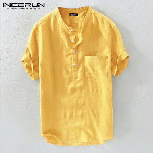 Summer Casual Men Shirts Stand Collar Solid Cotton Blouse Short Sleeve Streetwear Brand Shirts Harajuku Camisas Hombre